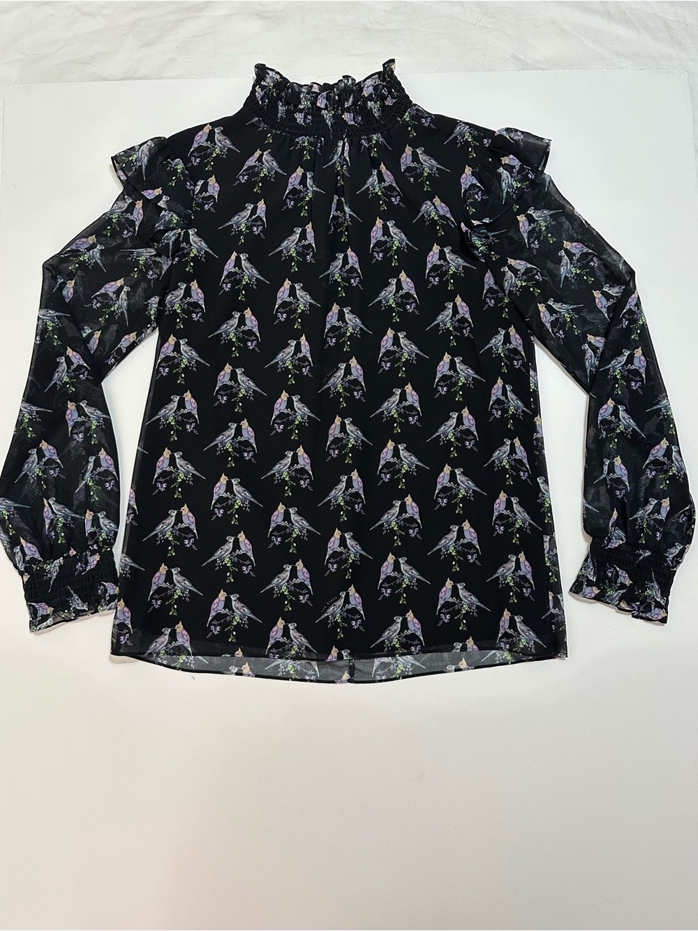 TED BAKER ZABRINA LOVEBIRDS RUFFLE BLOUSE BLACK SHEER CHIFFON SIZE 1 - Picture 2 of 12